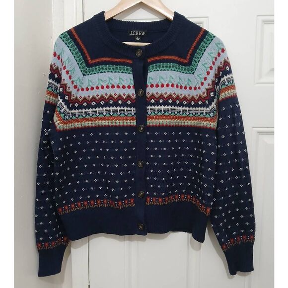 J crew womens large blue red fairisle sweater classic button front Birdseye - Picture 2 of 7